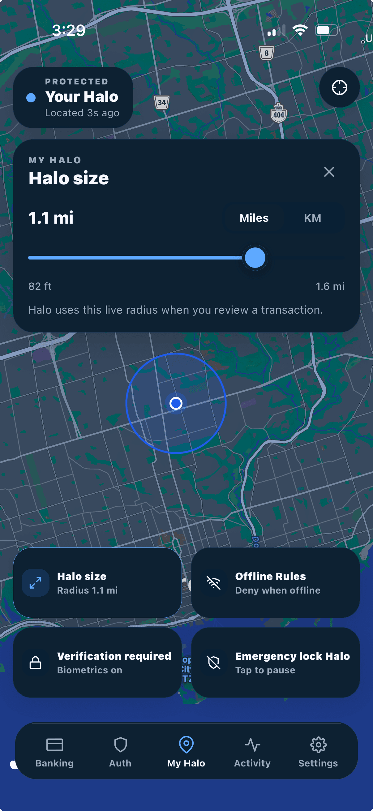 Halo app showing location protection controls